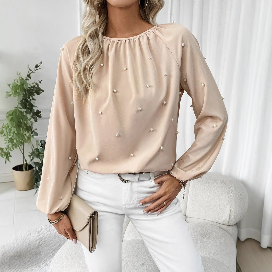 European And American Women's Round-neck Beaded Lantern Sleeve Shirt