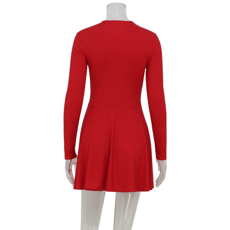 Women's Semi-high Collar Long Sleeve Fashion Mesh Spliced Fishbone Waist Short Dress