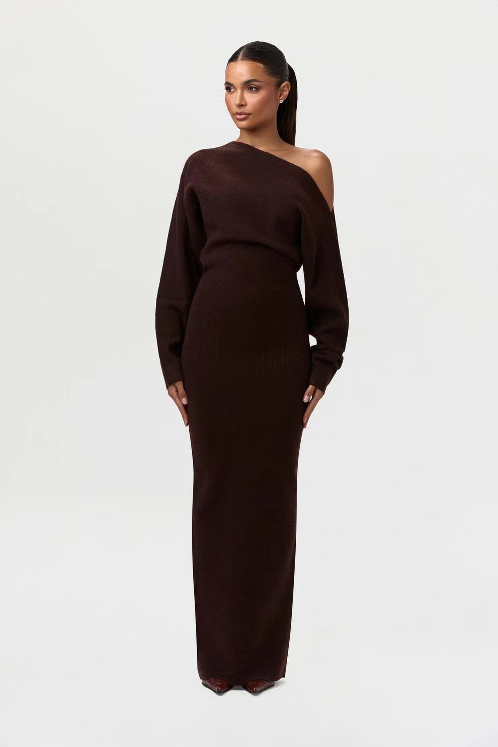 Ins Slim Long Sleeve Knitted Dress Evening Party Sexy Off-shoulder Bodycon Long Dresses