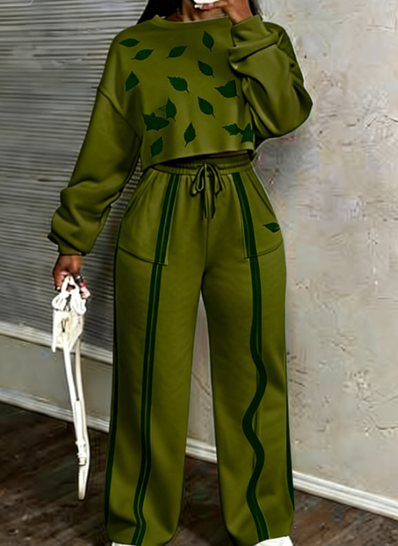 Printed Casual Cropped Sweatshirt And Wide-leg Pants Set