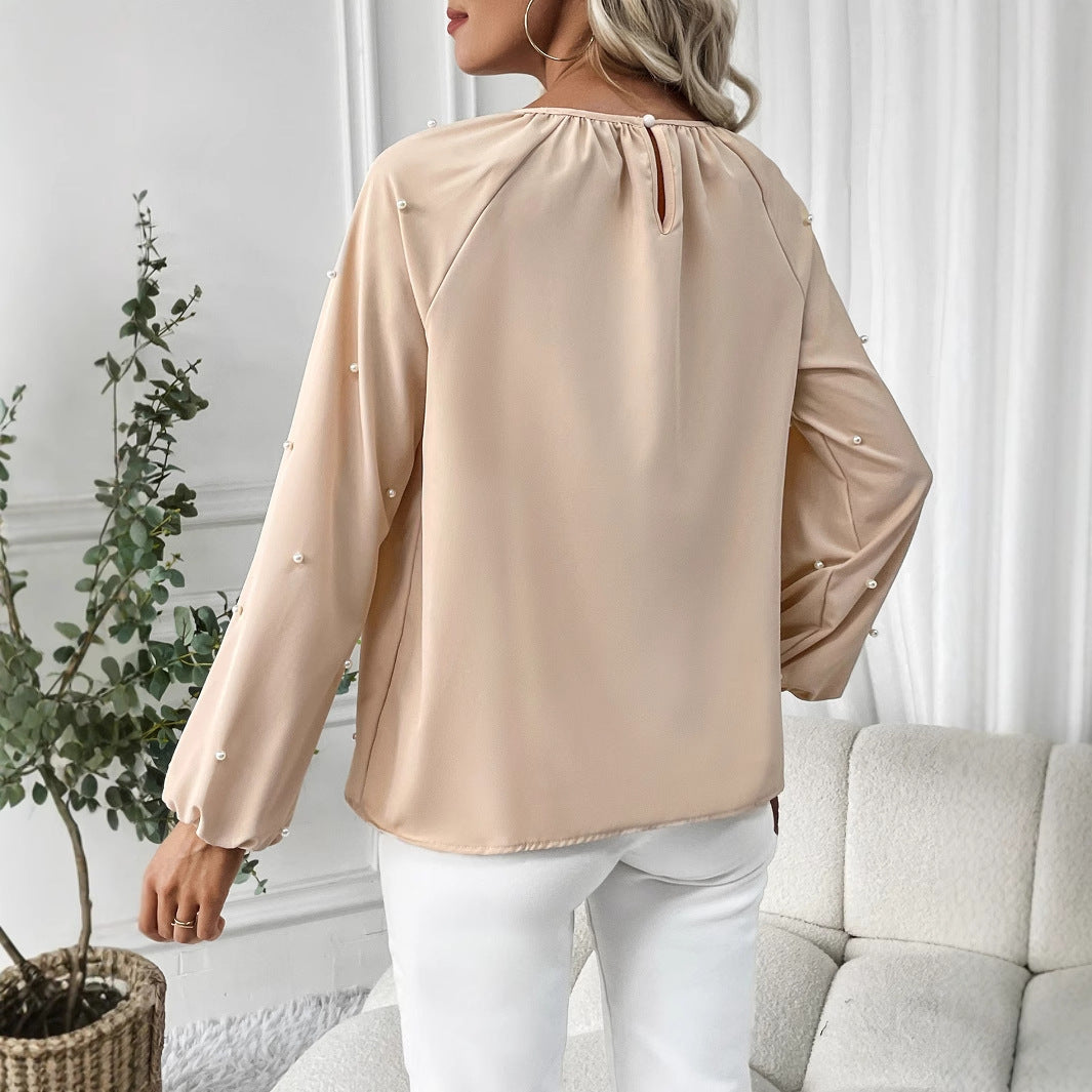 European And American Women's Round-neck Beaded Lantern Sleeve Shirt