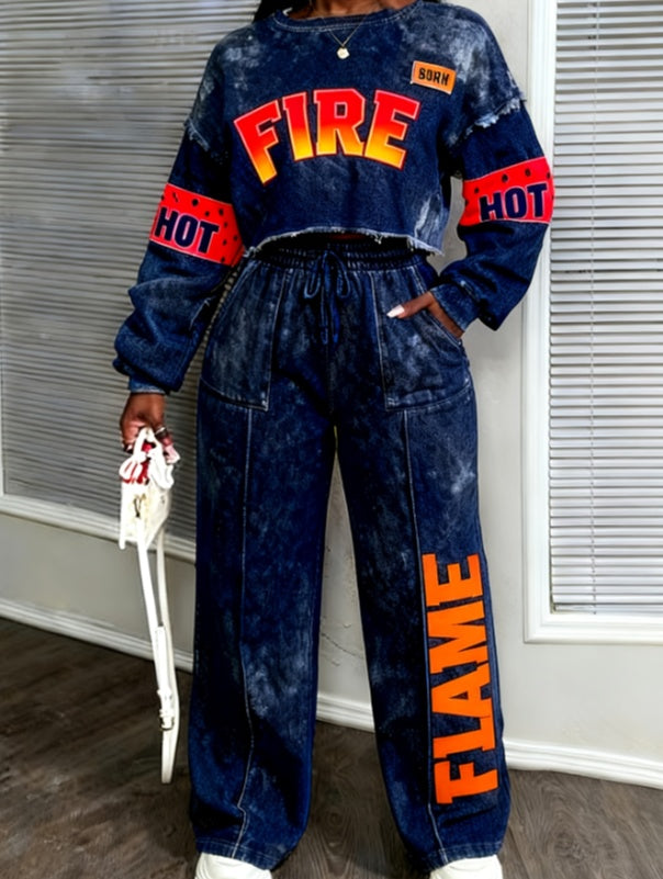 Printed Casual Cropped Sweatshirt And Wide-leg Pants Set