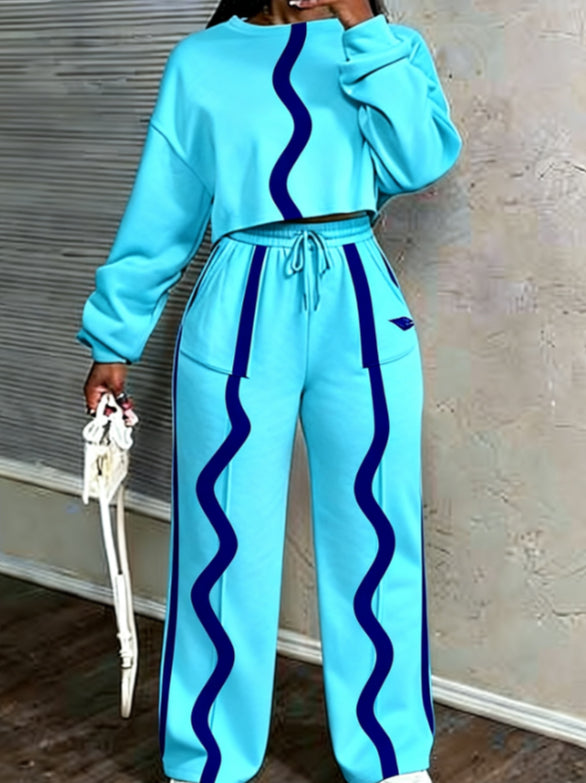 Printed Casual Cropped Sweatshirt And Wide-leg Pants Set