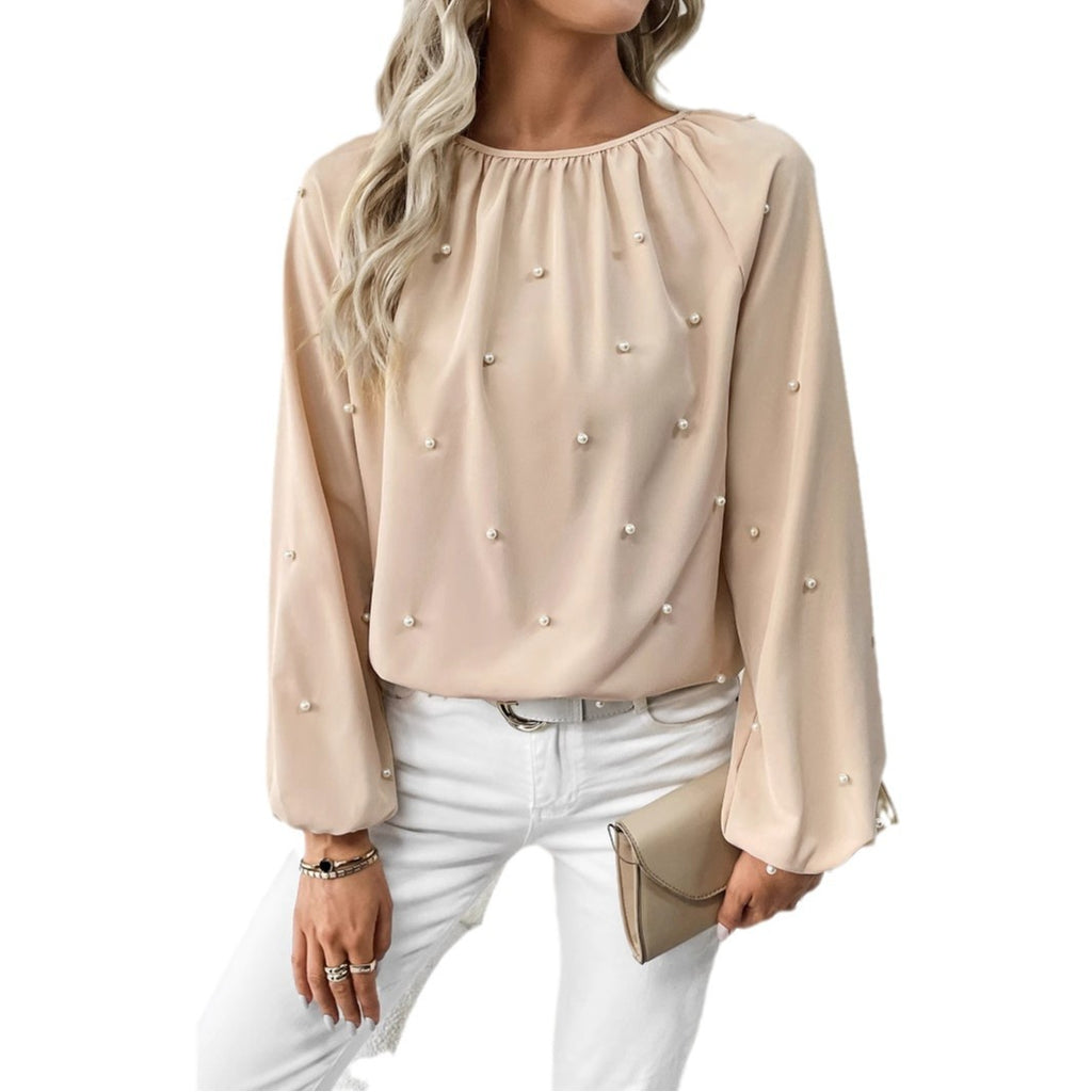 European And American Women's Round-neck Beaded Lantern Sleeve Shirt