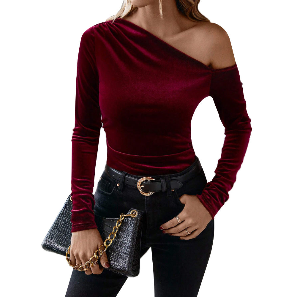 Autumn And Winter New Women's Sexy Off-shoulder Oblique Neck Slim Velvet Long Sleeve Solid Color Party Top
