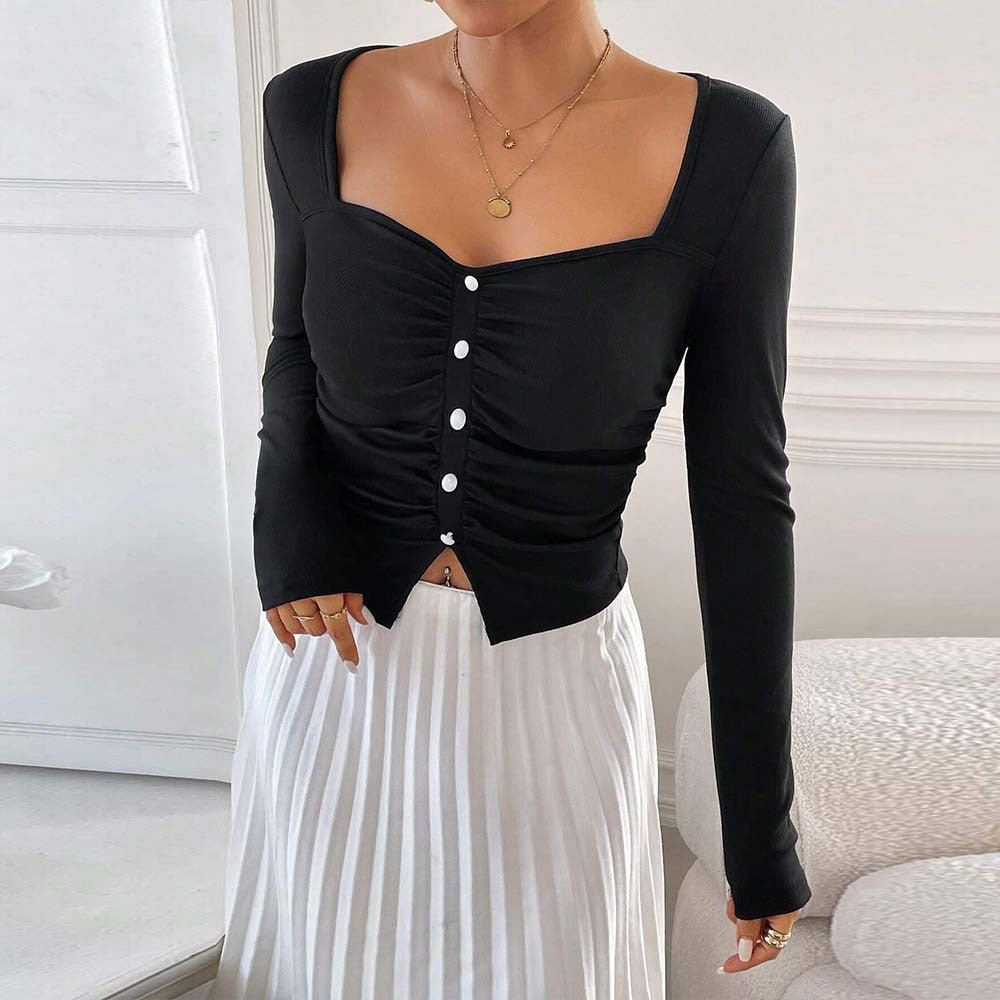 European And American Women's Clothing French Little Fragrance Square Neck T-shirt Autumn And Winter Elegant High-end Slim Top