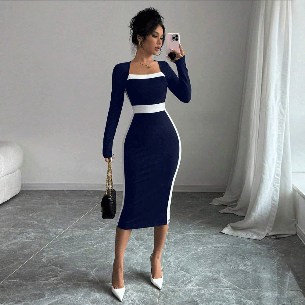 Women's Patchwork Color-block Sexy Long-sleeve Bodycon Dress