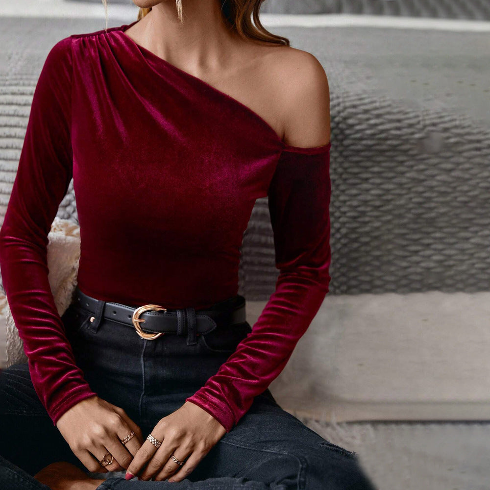 Autumn And Winter New Women's Sexy Off-shoulder Oblique Neck Slim Velvet Long Sleeve Solid Color Party Top