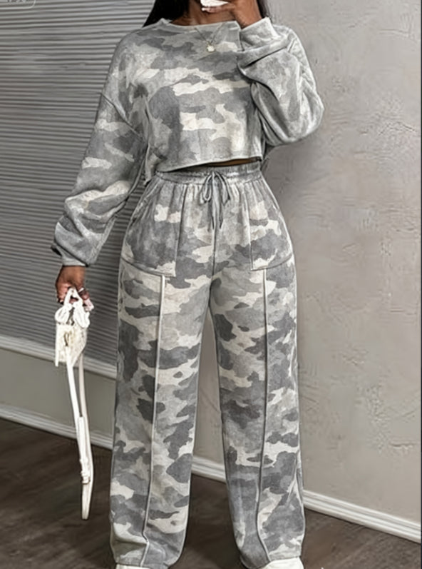 Printed Casual Cropped Sweatshirt And Wide-leg Pants Set