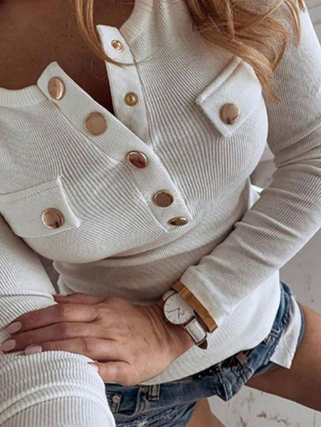 Slim Fit Casual Square Collar Half-Zip Long Sleeve T-Shirt With Metal Buckles Fall Cloth For Women